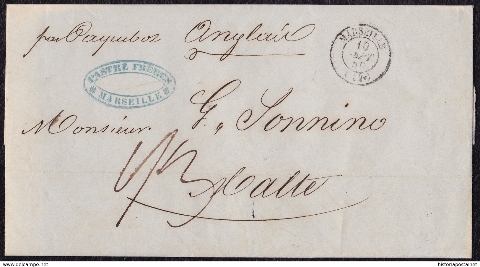 1850. MARSEILLE POUR MALTE. AU VERSO MARQUE POSTALE "PURIFIÉE AU LAZARET/MALTE" EN NOIRE. - 1801-1848: Precursores XIX