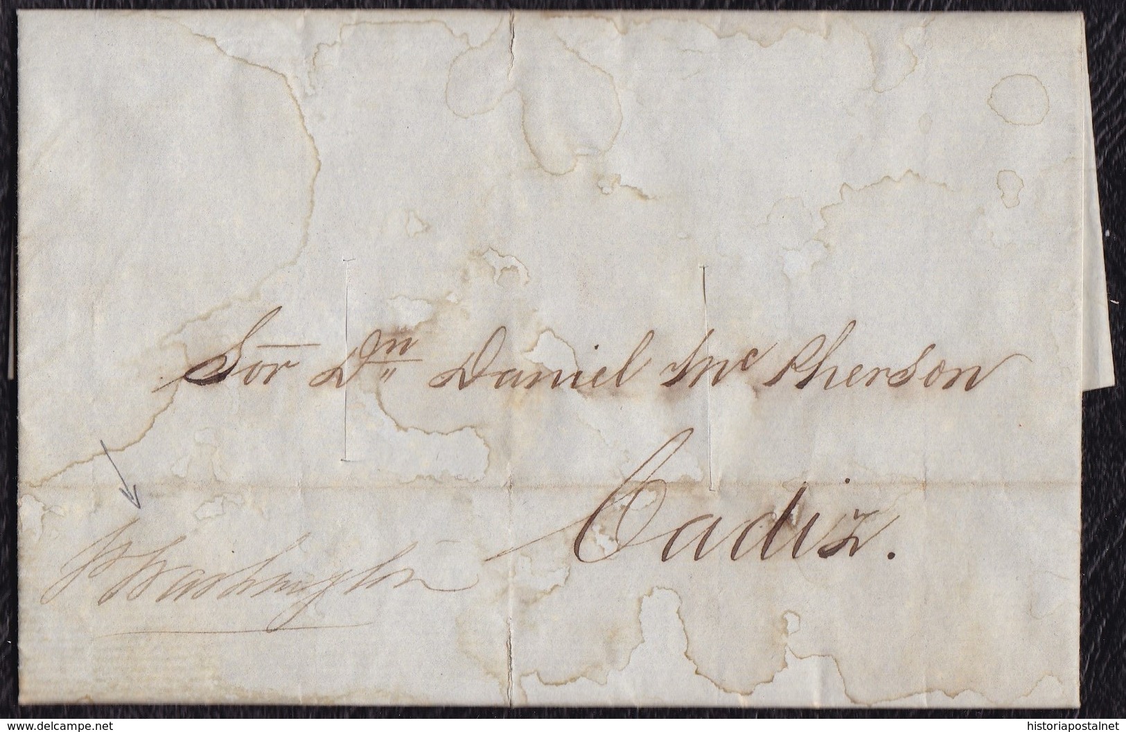 1847 NEW YORK TO CADIZ. PRIVATELY CARRIED DISINFECTED MAIL. BY SHIP. VERY INTERESTING. - …-1845 Prefilatelia