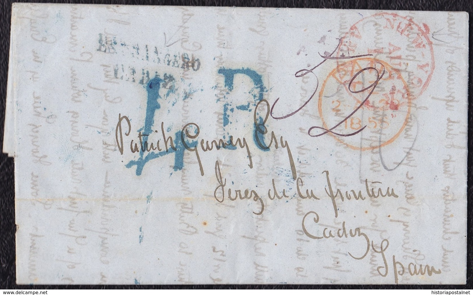 1856. NEW YORK TO CADIZ. UNFRANKED FOREIGN LETTER WITH INTERESTING POSTMARKS. - …-1845 Voorfilatelie
