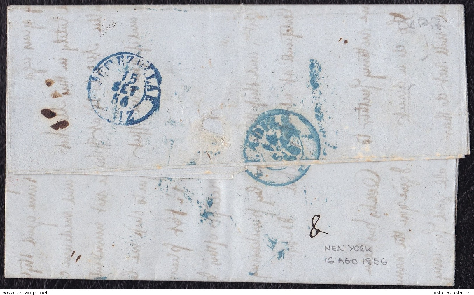 1856. NEW YORK TO CADIZ. UNFRANKED FOREIGN LETTER WITH INTERESTING POSTMARKS. - …-1845 Voorfilatelie