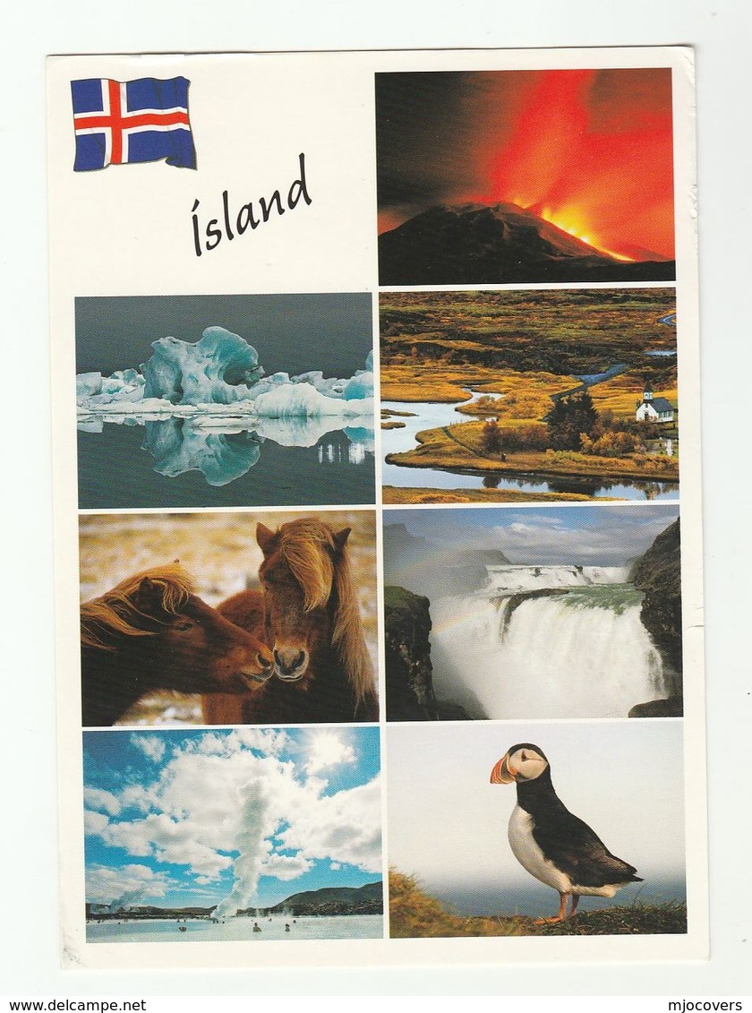 ICELAND Stamps COVER (postcard HEKLA VOLCANO PUFFIN BIRD HORSES WATERFALL Etc) To GB - Covers & Documents