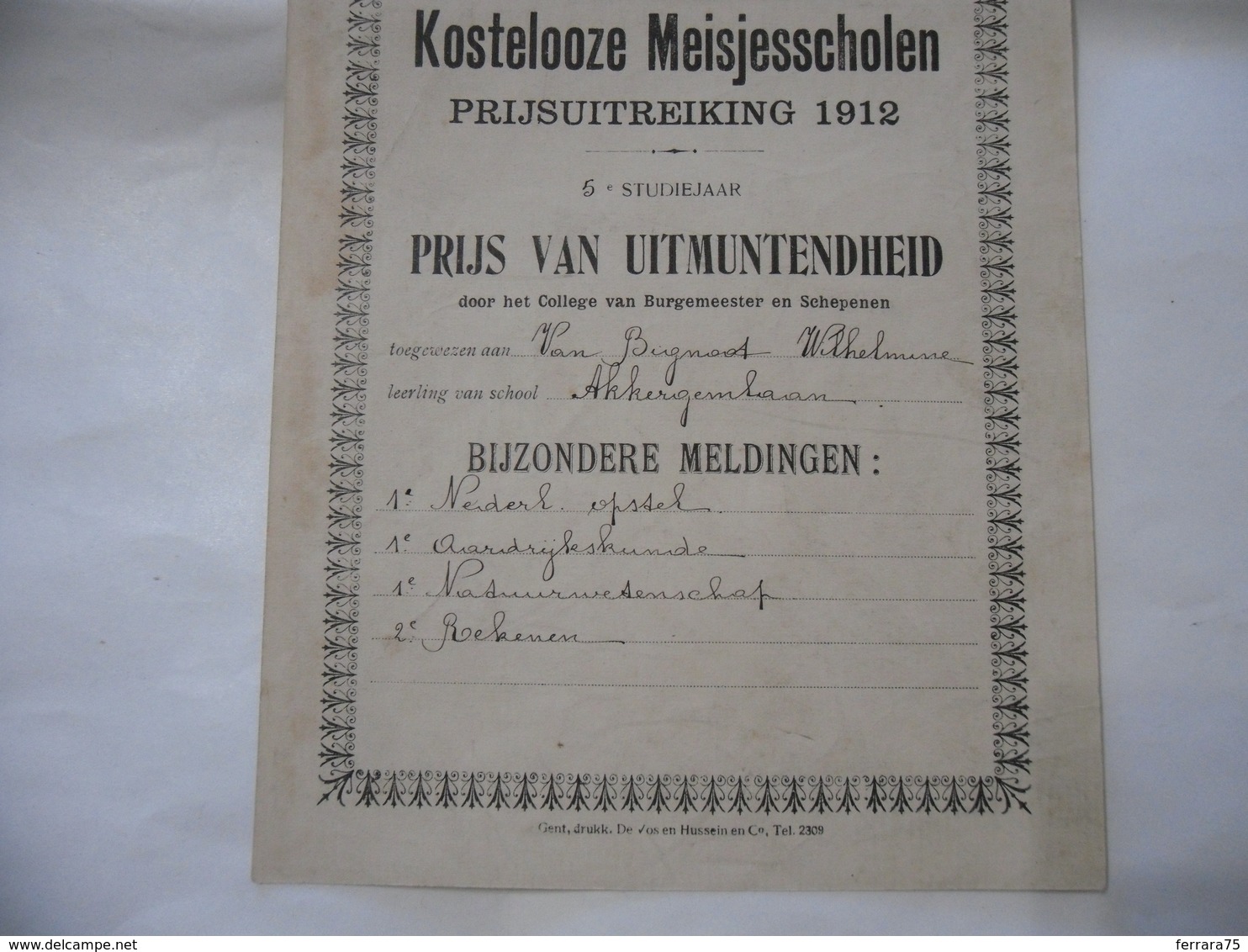 PAGELLA DIPLOMA BELGIO STAD GENT KOSTELOOZE MEISJESSCHOLEN PRIJSUITREIKING 1912 - Diplomi E Pagelle