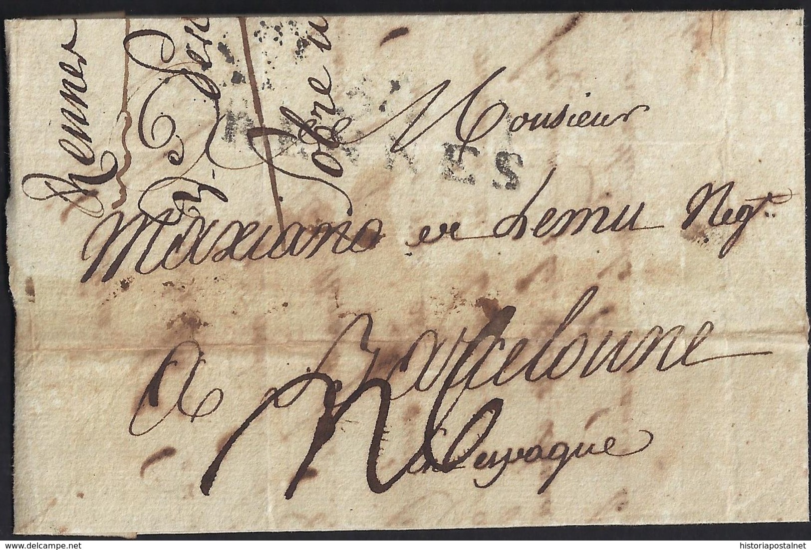 1803. RENNES A BARCELONA. MARCA 34/RENNES EN NEGRO. PORTEO MNS. 6 REALES. MANCHAS DE VINAGRE POR DESINFECCIÓN. CURIOSA. - 1801-1848: Precursores XIX