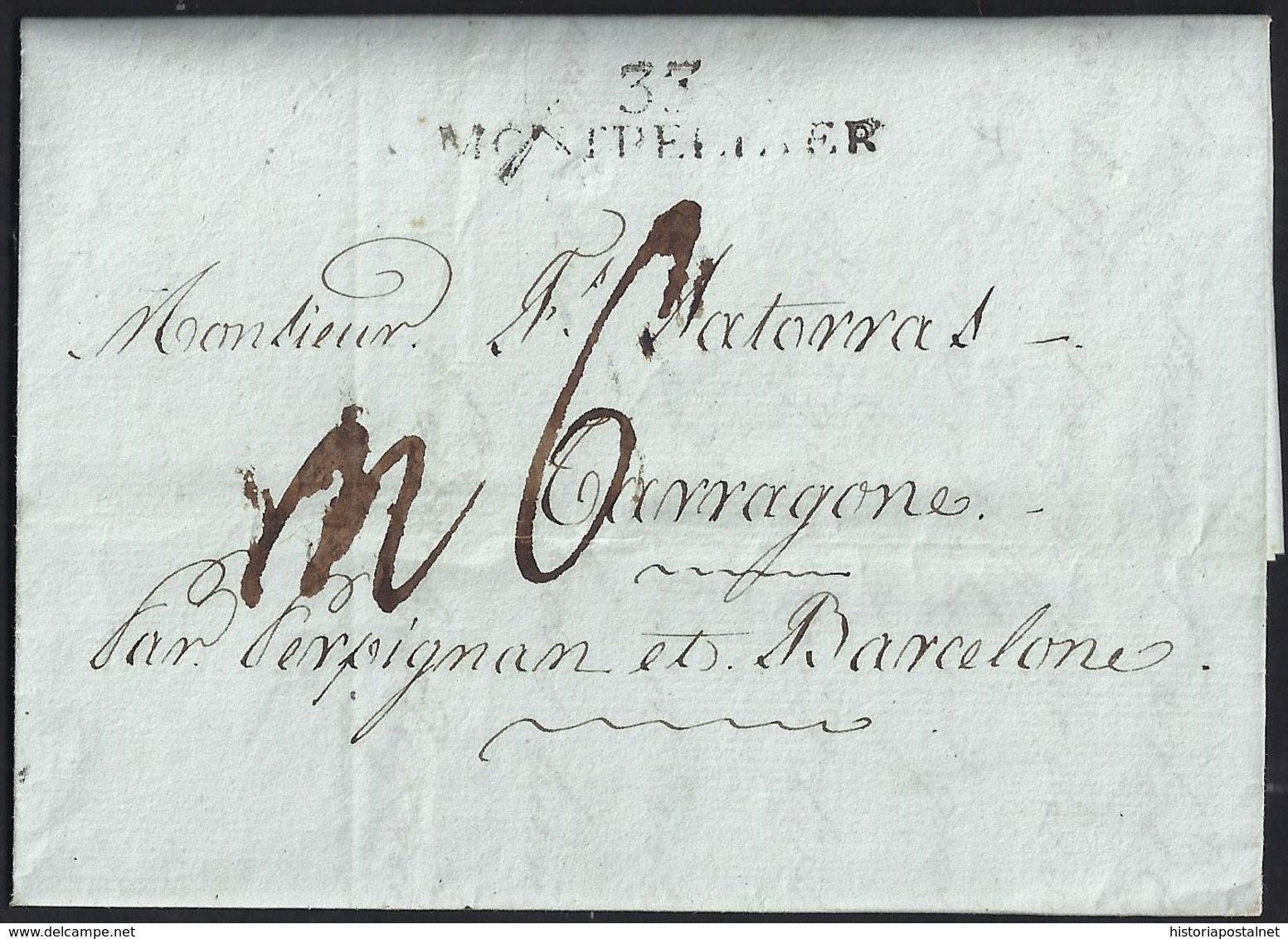 1803. MONTPELLIER A TARRAGONA. MARCA 33/MONTPELLIER EN NEGRO. PORTEO MNS. 6 REALES Y ANOTACIÓN "PAR PERPIGNAN". - 1801-1848: Precursores XIX