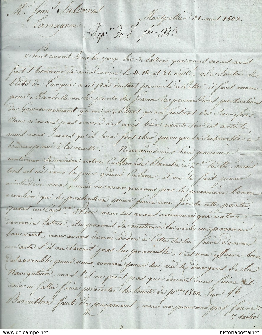 1803. MONTPELLIER A TARRAGONA. MARCA 33/MONTPELLIER EN NEGRO. PORTEO MNS. 6 REALES Y ANOTACIÓN "PAR PERPIGNAN". - 1801-1848: Precursores XIX