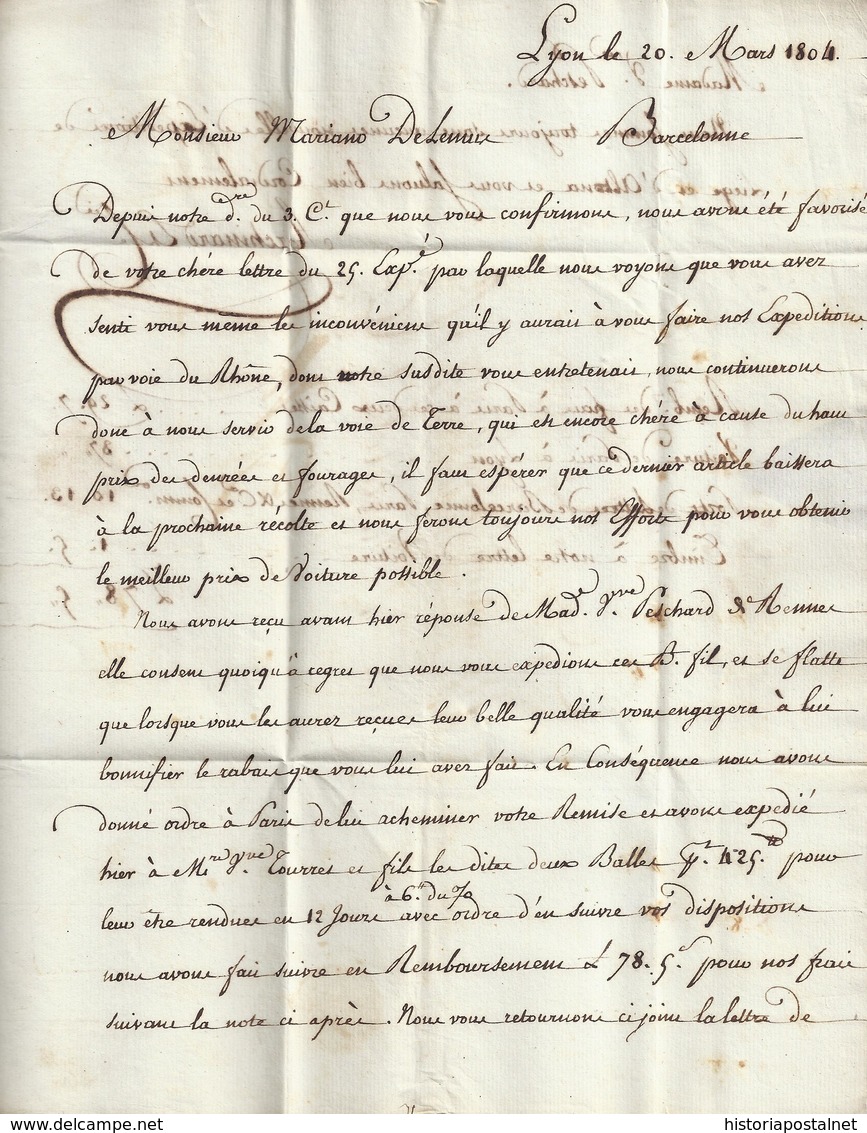 1804. LYON A BARCELONA. MARCA 68/LYON EN NEGRO. PORTEO MNS. 6 REALES. AL DORSO LLEGADA. INTERESANTE CARTA COMPLETA. - 1801-1848: Precursores XIX