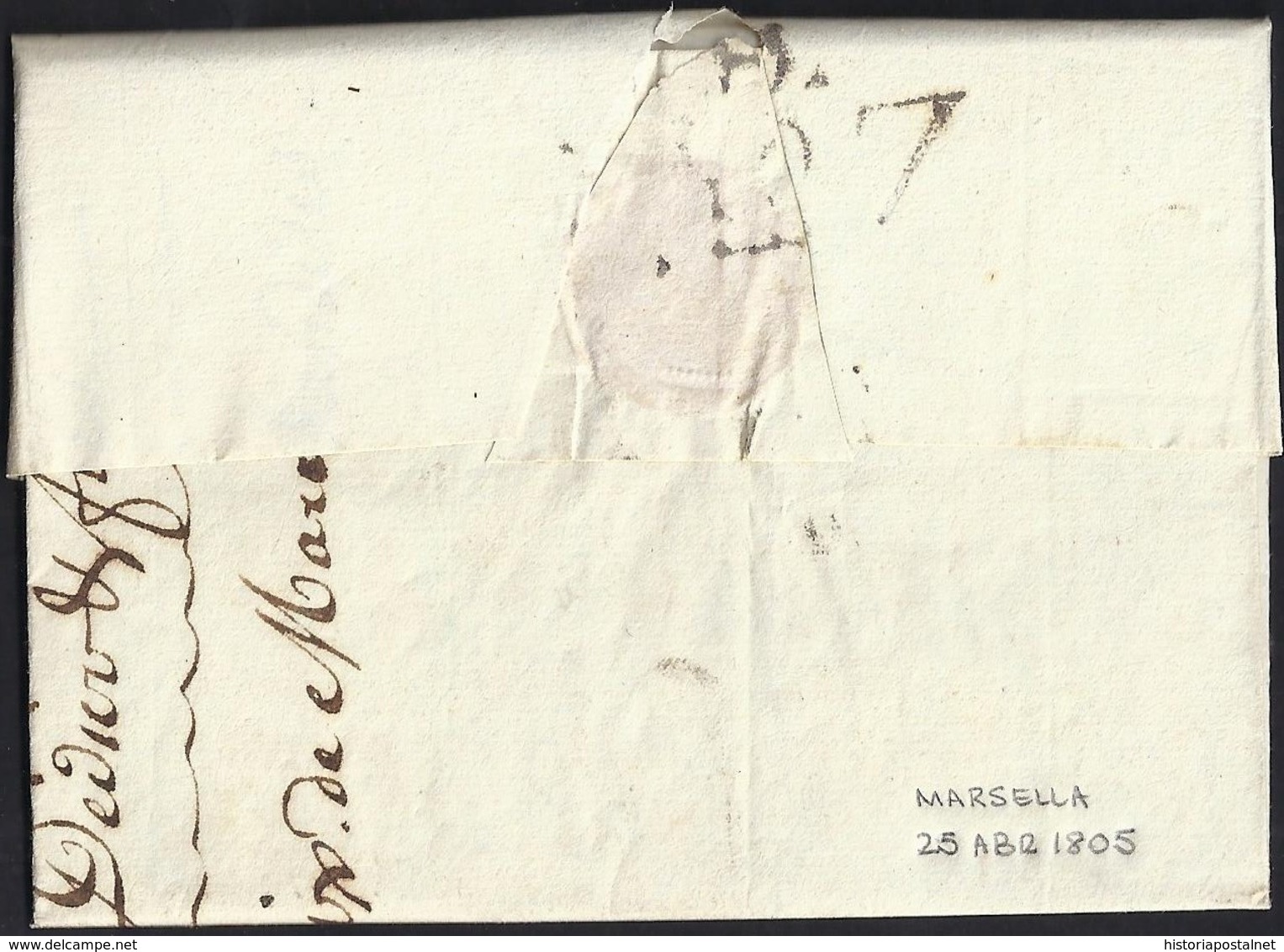 1805. MARSELLA A BARCELONA. MARCA 12/MARSEILLE EN NEGRO. ESPECTACULAR PORTEO 7R. REALES NEGRO ACEITOSO. AL DORSO LLEGADA - 1801-1848: Precursores XIX