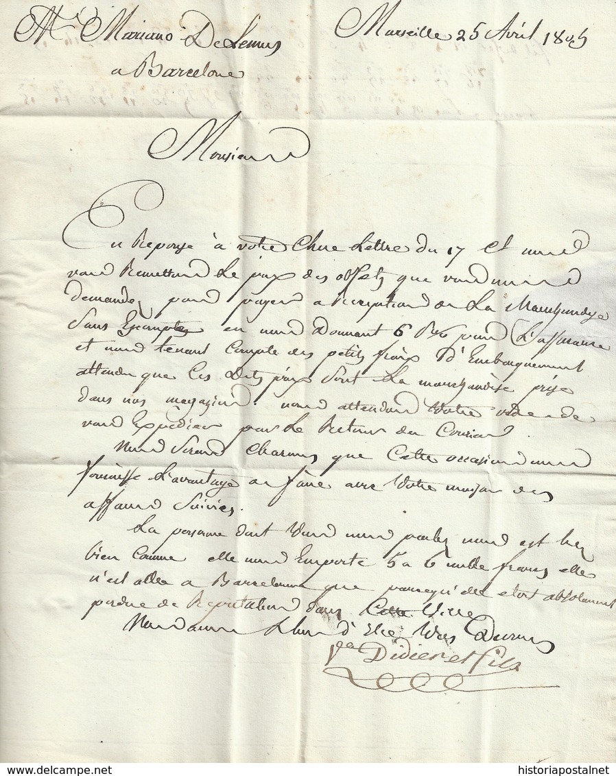 1805. MARSELLA A BARCELONA. MARCA 12/MARSEILLE EN NEGRO. ESPECTACULAR PORTEO 7R. REALES NEGRO ACEITOSO. AL DORSO LLEGADA - 1801-1848: Precursores XIX