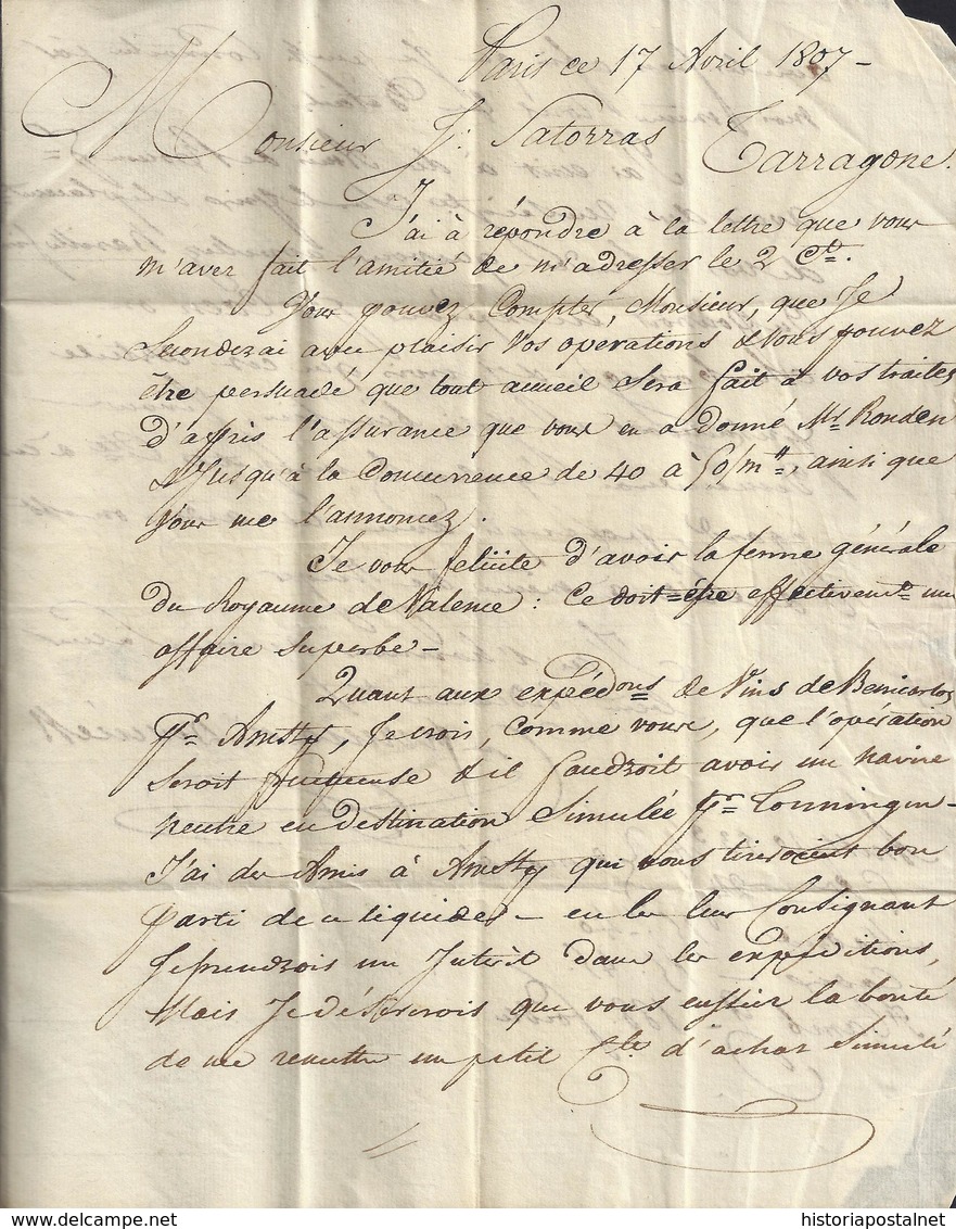 1807. PARÍS A TARRAGONA. MARCA "P" TRIANGULAR EN NEGRO DE PARÍS. PORTEO MNS. 7 REALES. INTERESANTE. - 1801-1848: Precursores XIX