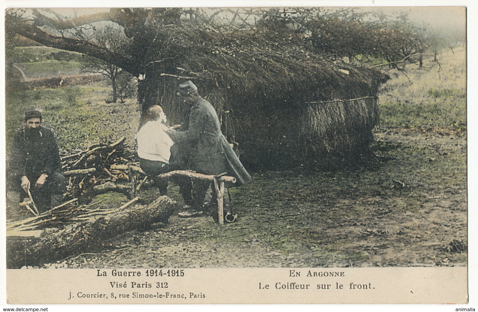 En Argonne Coiffeur Sur Le Front Hairdresser WWI Guerre 1914 Colorisée Texte Embusqué Debrouillard - Autres & Non Classés