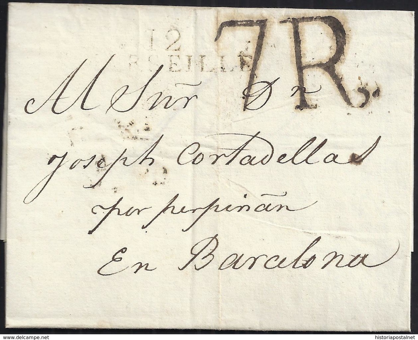 1807. MARSELLA A BARCELONA. MARCA 12/MARSEILLE EN NEGRO. ESPECTACULAR PORTEO 7R REALES EN NEGRO DE BARCELONA. - 1801-1848: Precursores XIX