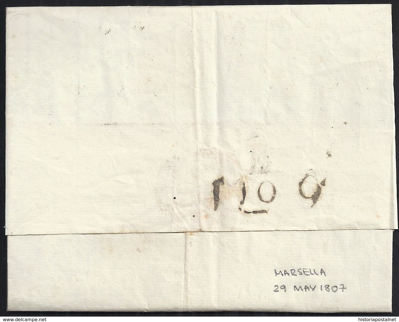 1807. MARSELLA A BARCELONA. MARCA 12/MARSEILLE EN NEGRO. ESPECTACULAR PORTEO 7R REALES EN NEGRO DE BARCELONA. - 1801-1848: Precursores XIX