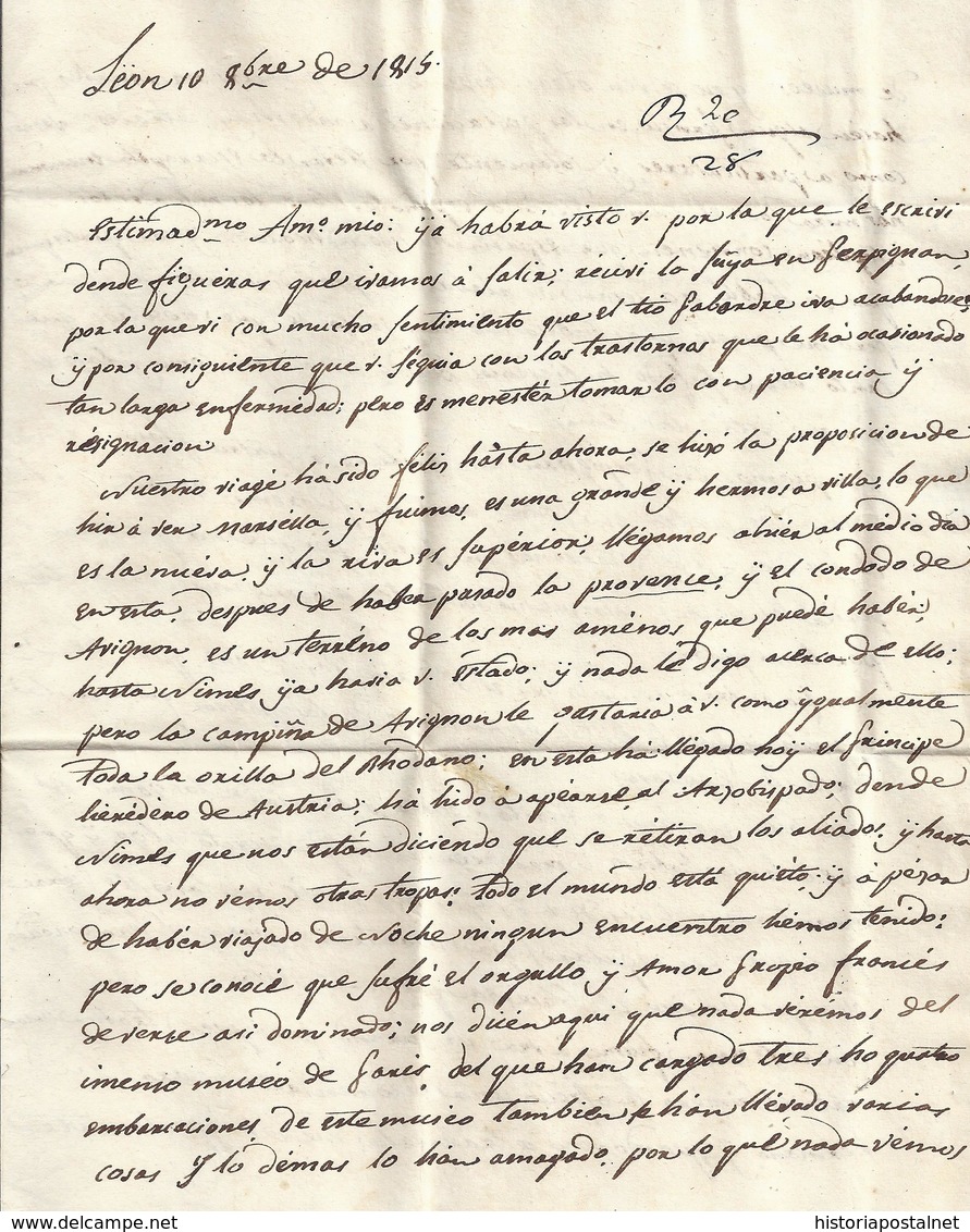 1815. LYON A BARCELONA. "P.68.P./LYON" EN NEGRO. PORTEO 7 REALES EN NEGRO Y TRAZO DE FRANQUEO. MNS. "PAR PERPIGNAN". - 1801-1848: Precursores XIX