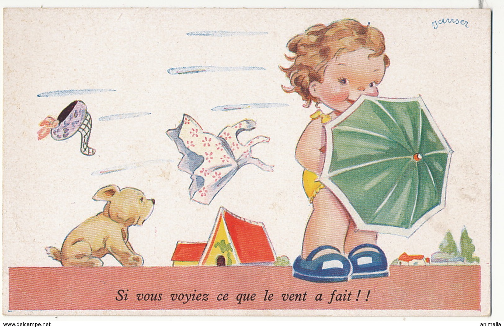 Janser Petite Fille Deshabillée Par Le Vent . Chien. Parapluie - Janser