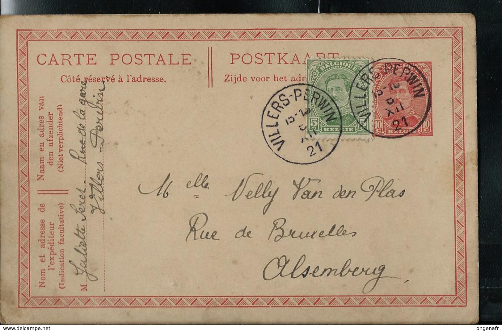 Entier Obl. N° 54  ----  VILLERS- PERWIN  08/12/21  Pour Alsemberg - Rural Post