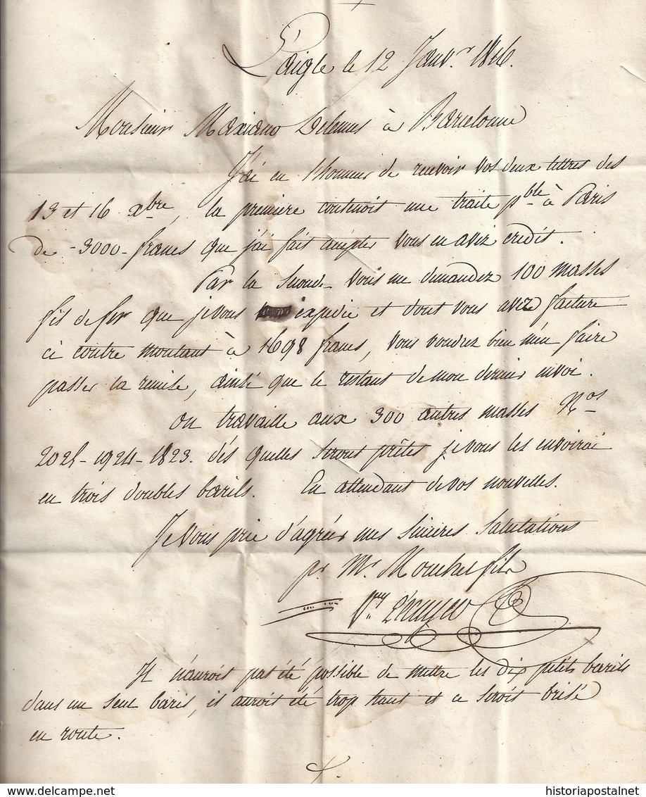 1816. L'AIGLE A BARCELONA. MARCA P.59.P./L'AIGLE AZUL. MARCA PORTS PAYÉS EN ROJO. 9 REALES. TRÁNSITO POR PERPIÑÁN. - 1801-1848: Precursores XIX