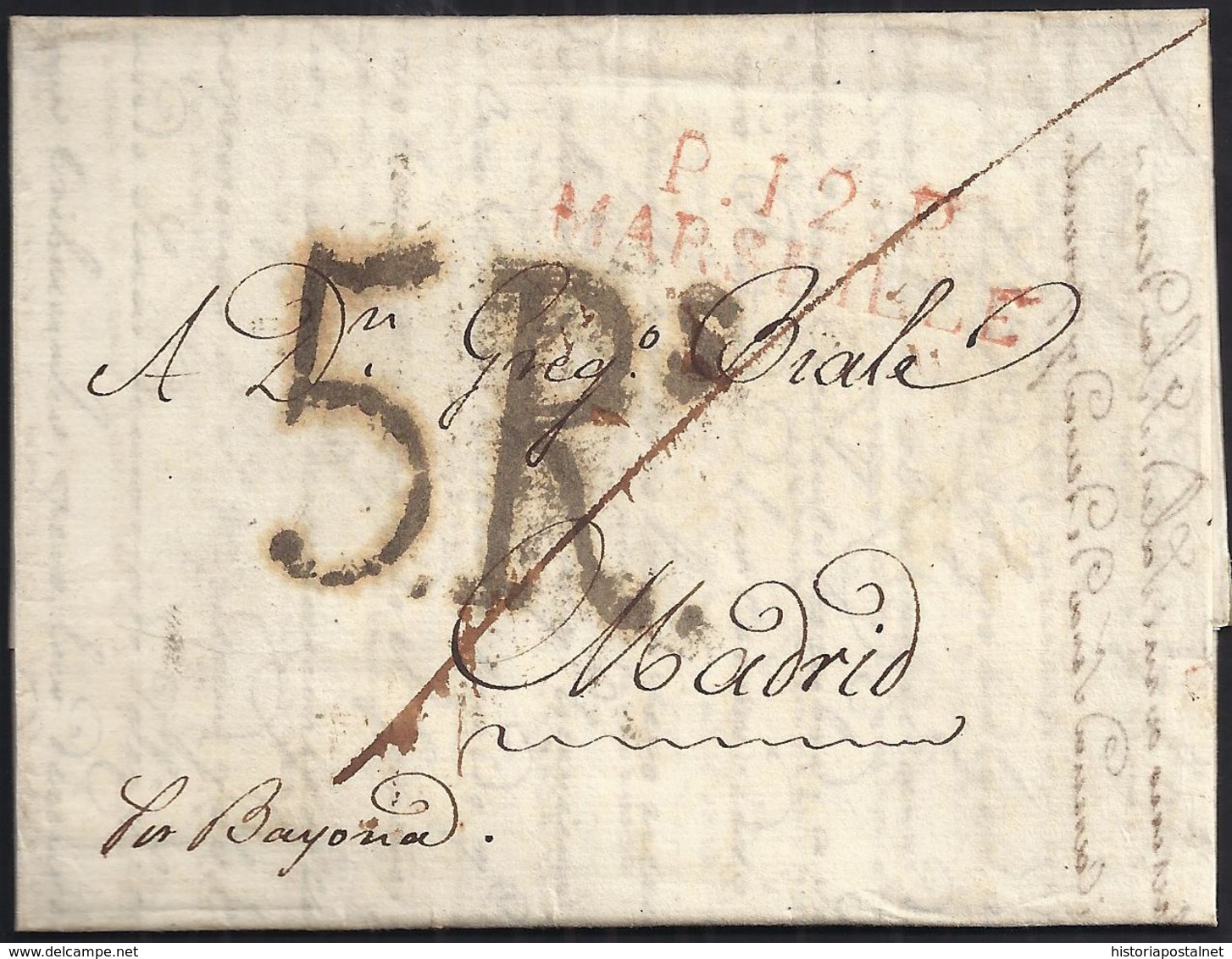 1816. MARSELLA A MADRID. MARCA "P.12.P./MARSEILLE" ROJO. PORTEO 5Rs REALES NEGRO. TRAZO DE FRANQUEO. MNS. "POR BAYONA". - 1801-1848: Precursores XIX