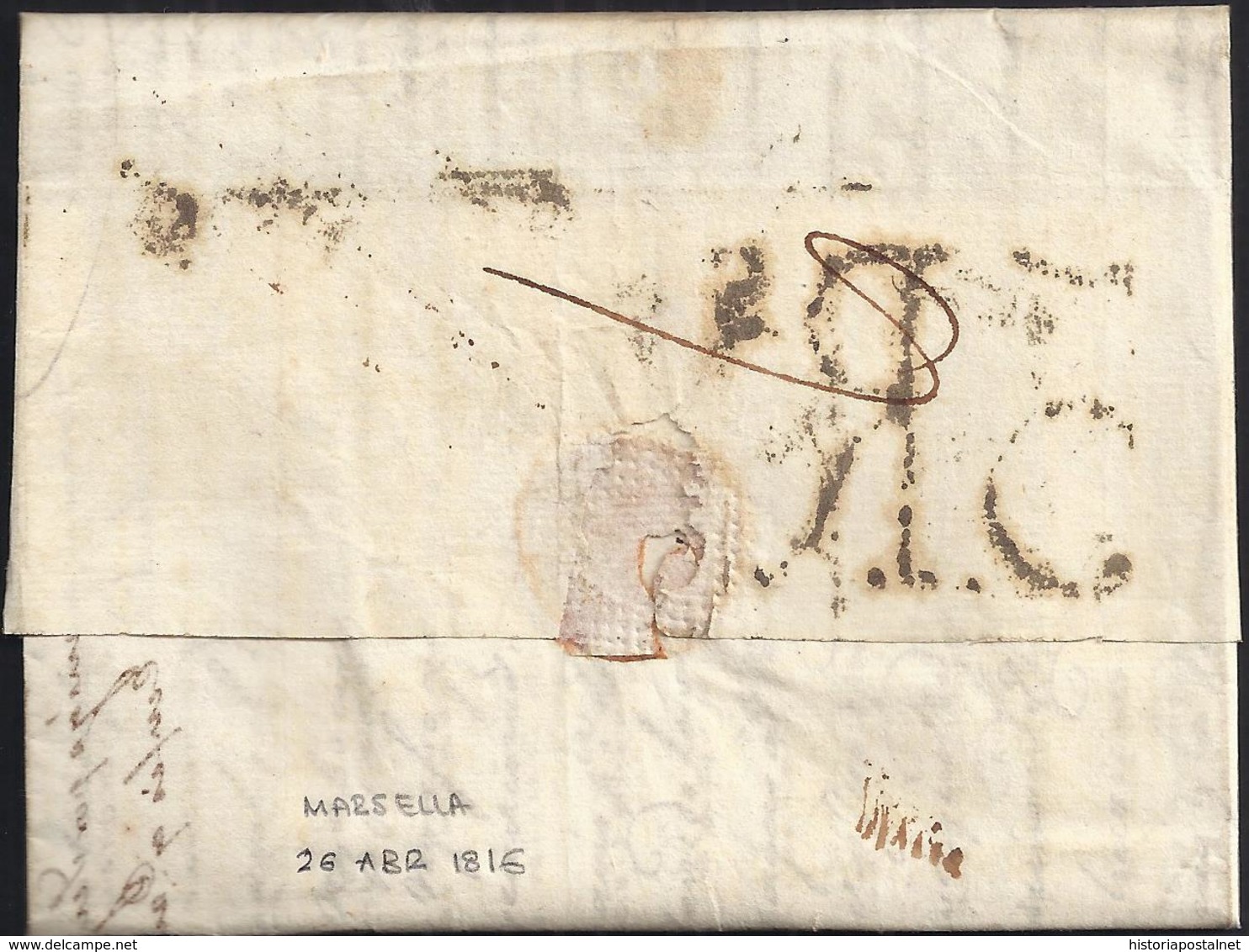 1816. MARSELLA A MADRID. MARCA "P.12.P./MARSEILLE" ROJO. PORTEO 5Rs REALES NEGRO. TRAZO DE FRANQUEO. MNS. "POR BAYONA". - 1801-1848: Precursores XIX