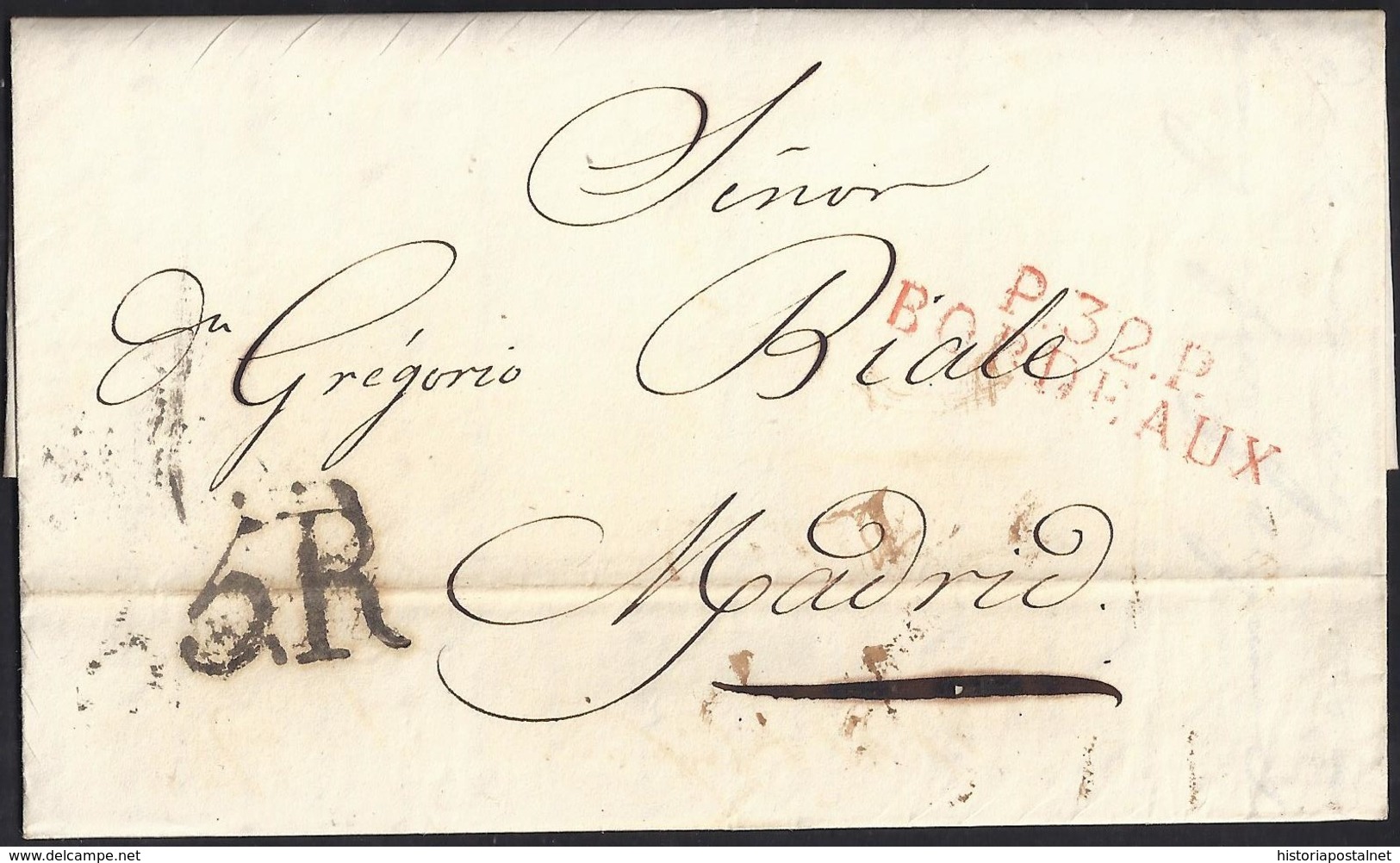 1817. BURDEOS A MADRID. MARCA "P.32.P./BORDEAUX" ROJO. 5R REALES NEGRO. 5 DÉCIMAS SATISFECHAS. INTERESANTE. - 1801-1848: Precursores XIX