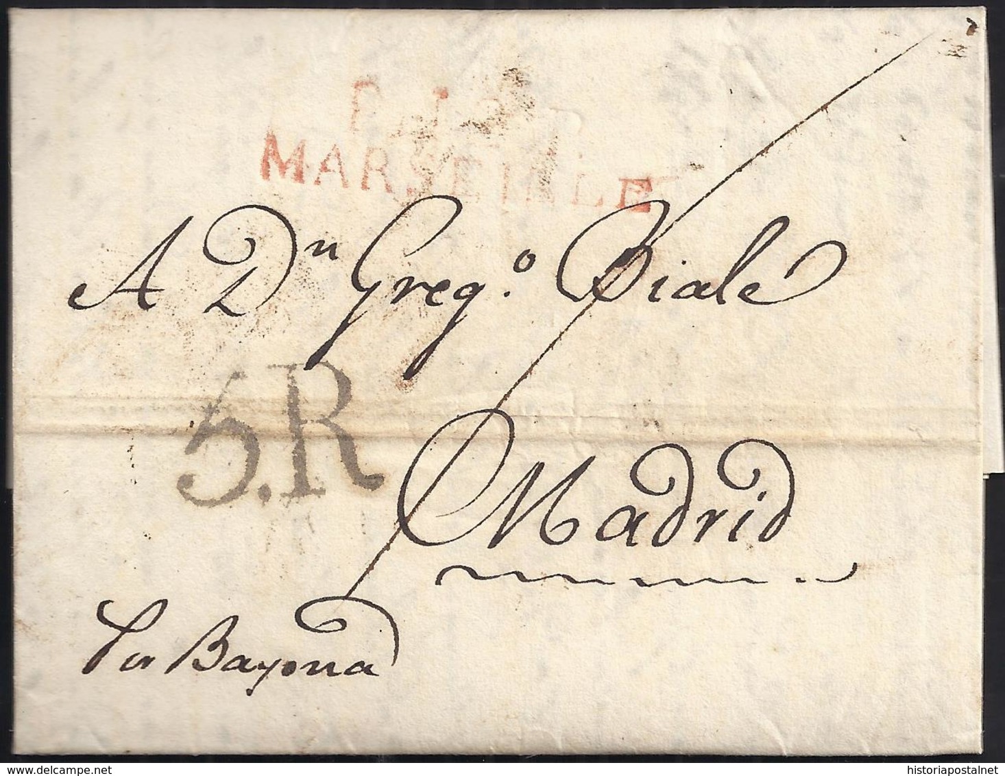 1817. MARSELLA A MADRID. MARCA "P.12.P./MARSEILLE" ROJO. 5R REALES NEGRO Y TRAZO FRANQUEO. MNS. "POR BAYONA". 9 DÉCIMAS. - 1801-1848: Precursores XIX