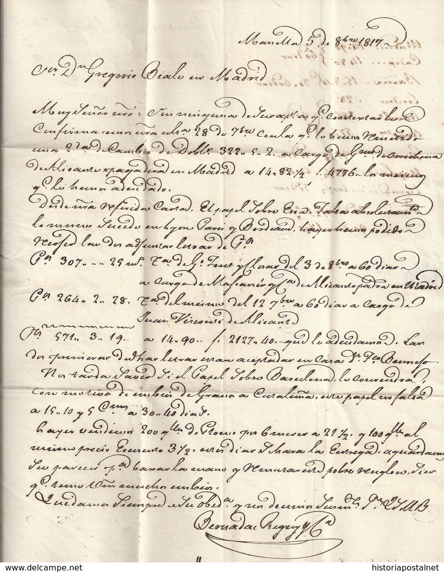 1817. MARSELLA A MADRID. MARCA "P.12.P./MARSEILLE" ROJO. 5R REALES NEGRO Y TRAZO FRANQUEO. MNS. "POR BAYONA". 9 DÉCIMAS. - 1801-1848: Precursores XIX