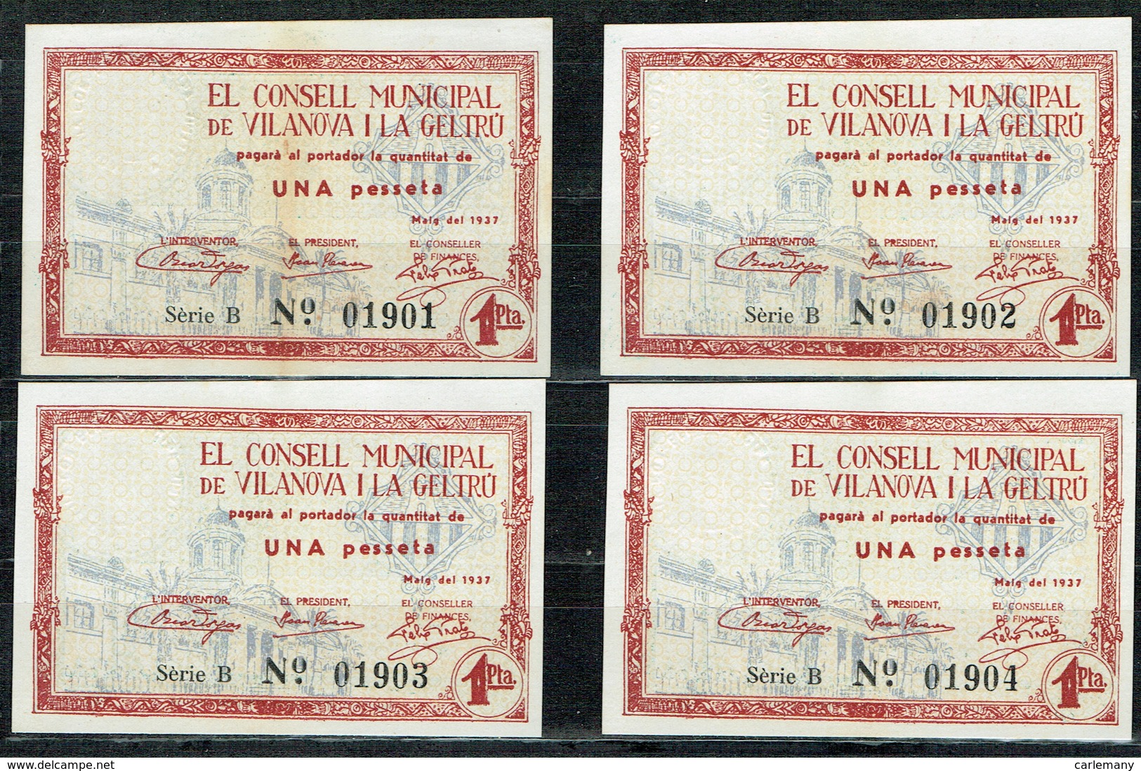 BILLET ESPAGNE ESPAÑA GUERRA CIVIL VILANOVA I LA GELTRU 1937  X 4 Ejemplaires - Autres & Non Classés