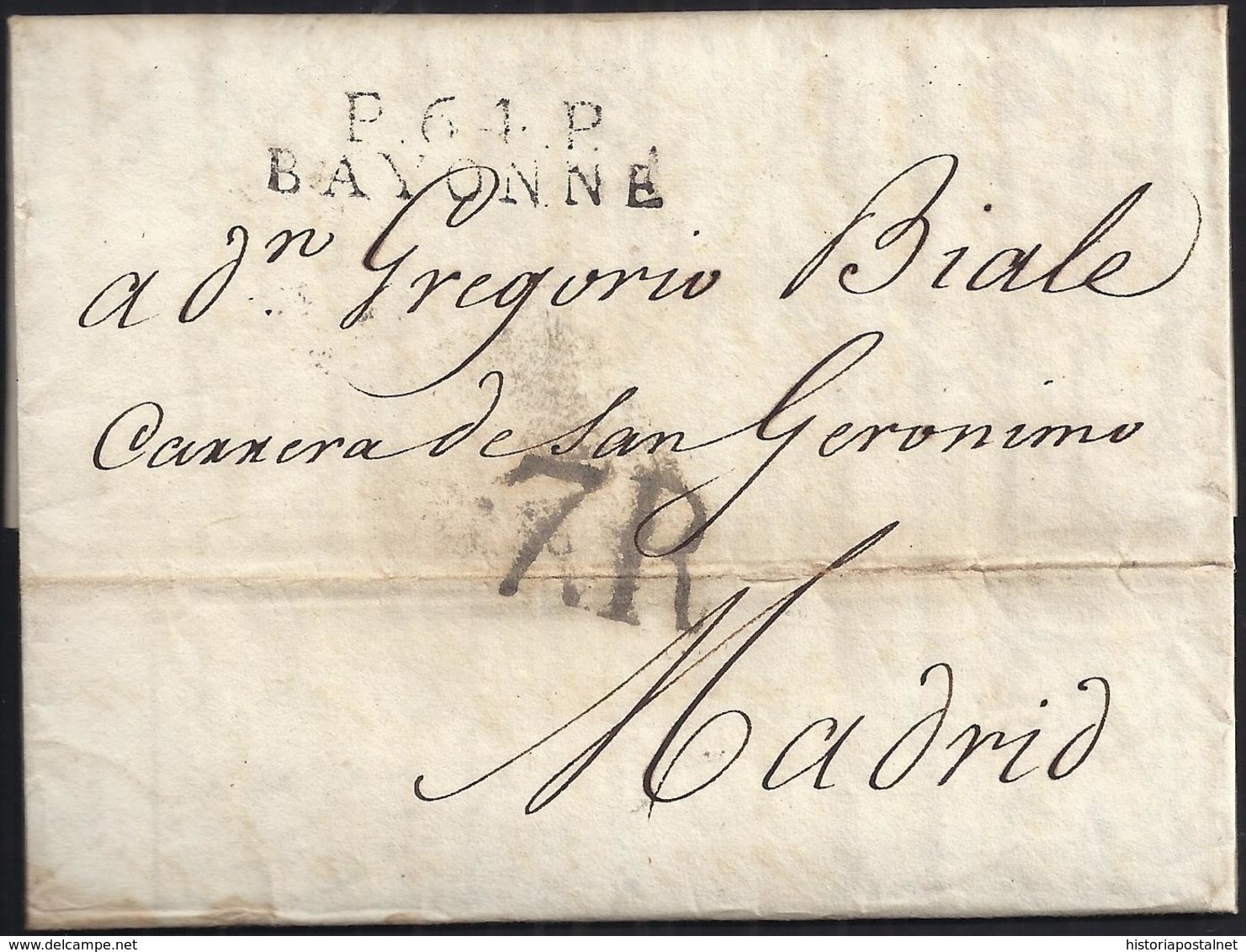 1817. BAYONA A MADRID. MARCA "P.64.P./BAYONNE" NEGRO. PORTEO 7R REALES NEGRO. 9 DÉCIMAS SATISFECHAS. MUY INTERESANTE. - 1801-1848: Precursores XIX