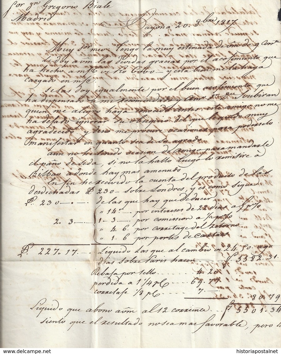 1817. BAYONA A MADRID. MARCA "P.64.P./BAYONNE" NEGRO. PORTEO 7R REALES NEGRO. 9 DÉCIMAS SATISFECHAS. MUY INTERESANTE. - 1801-1848: Precursores XIX