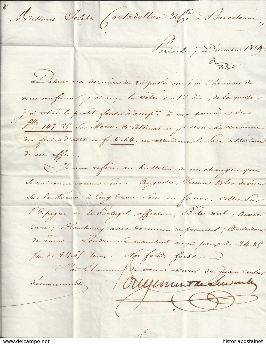 1819. PARÍS A BARCELONA. MARCA "P.PAYÉ/PARIS" ROJO. R.4 REALES ROJO. 10 DÉCIMAS SATISFECHAS Y FECHADOR DE LLEGADA. - 1801-1848: Precursores XIX