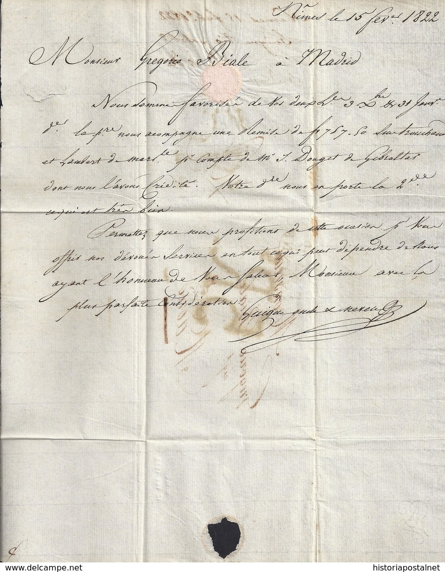 1822. NIMES A MADRID. MARCA "P.64.P./BAYONNE" NEGRO. 5Rs REALES NEGRO. 9 DÉCIMAS SATISFECHAS EN ORIGEN. MUY INTERESANTE. - 1801-1848: Precursores XIX