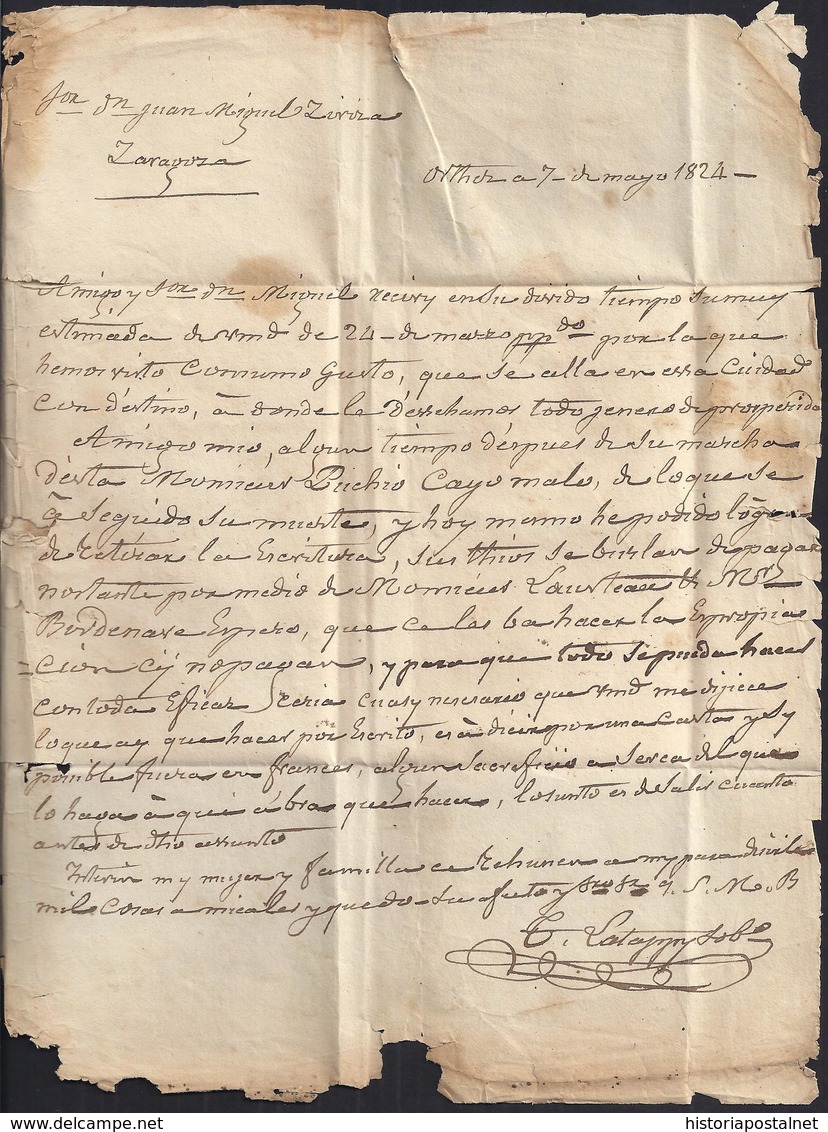 1823. MARSELLA A TARRAGONA. MARCA "P.12.P./MARSEILLE" ROJO. 4 REALES. 6 DÉCIMAS SATISFECHAS Y ANOTACIONES DE PORTE. - 1801-1848: Precursores XIX