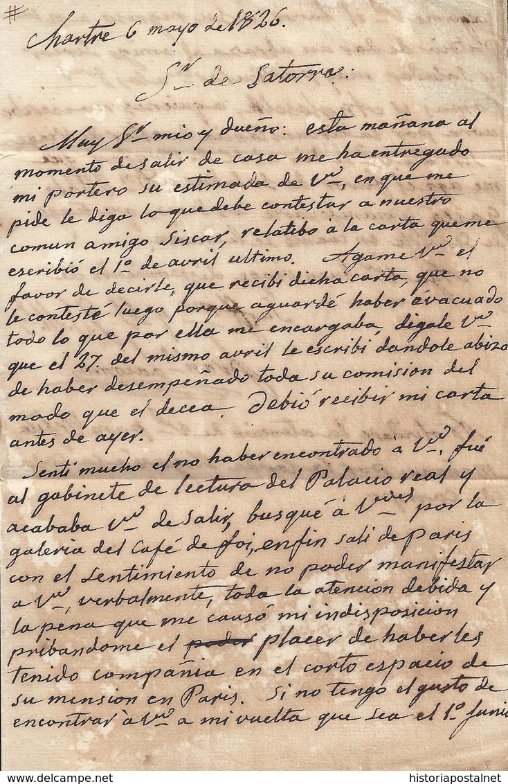 1826. CHARTRES A PARÍS. MARCA "27/CHARTRES" EN NEGRO. PORTEO 3 DÉCIMAS. INTERESANTE CARTA. - 1801-1848: Precursores XIX