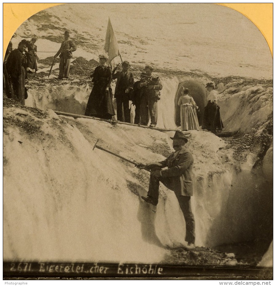 Suisse Alpinistes Grotte De Glace Sur L'Eiger Ancienne Photo Stereo Gabler 1885 - Fotos Estereoscópicas