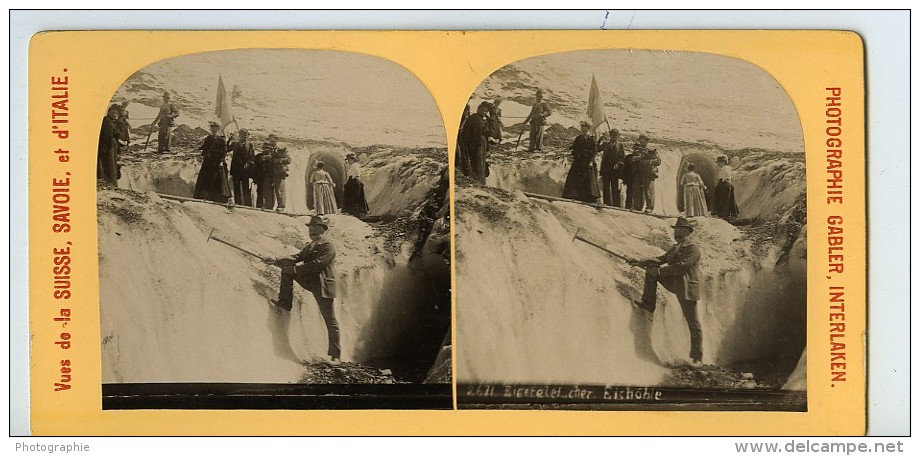 Suisse Alpinistes Grotte De Glace Sur L'Eiger Ancienne Photo Stereo Gabler 1885 - Stereoscopic