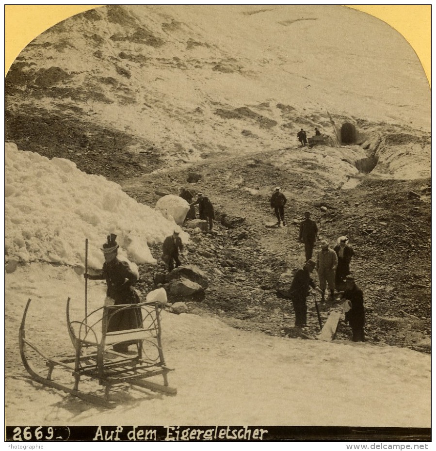 Suisse Alpinistes Traineau Sur Le Glacier Eiger Ancienne Photo Stereo Gabler 1885 - Stereoscopic