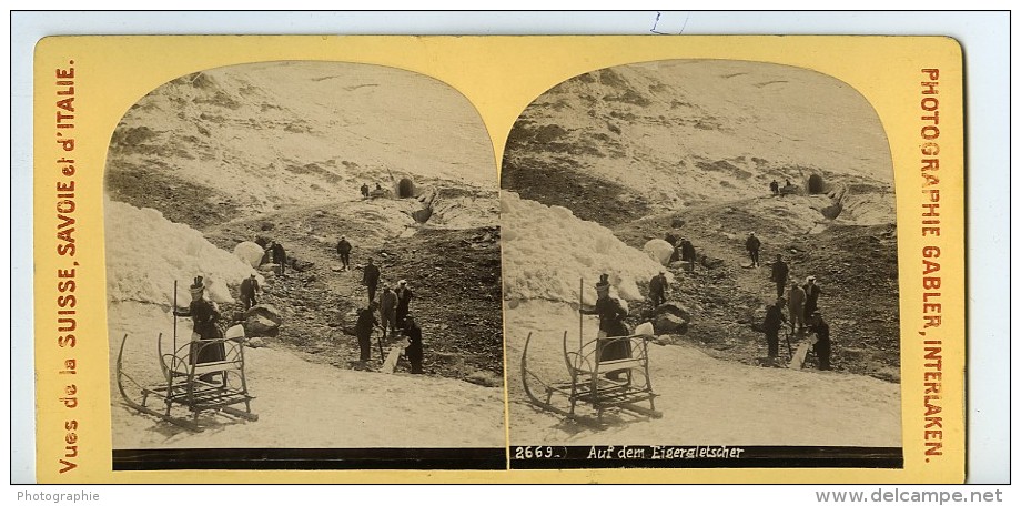 Suisse Alpinistes Traineau Sur Le Glacier Eiger Ancienne Photo Stereo Gabler 1885 - Stereoscopic