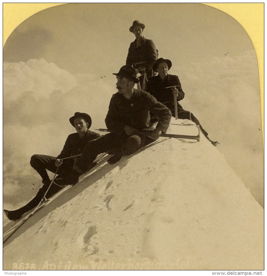 Suisse Alpinistes Au Sommet Du Wetterhorn Ancienne Photo Stereo Gabler 1885 - Photos Stéréoscopiques