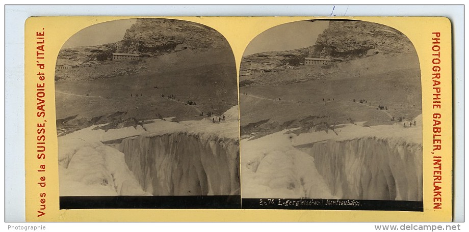 Suisse Randonneurs Sur Le Glacier De L'Eiger Ancienne Photo Stereo Gabler 1885 - Stereoscopio