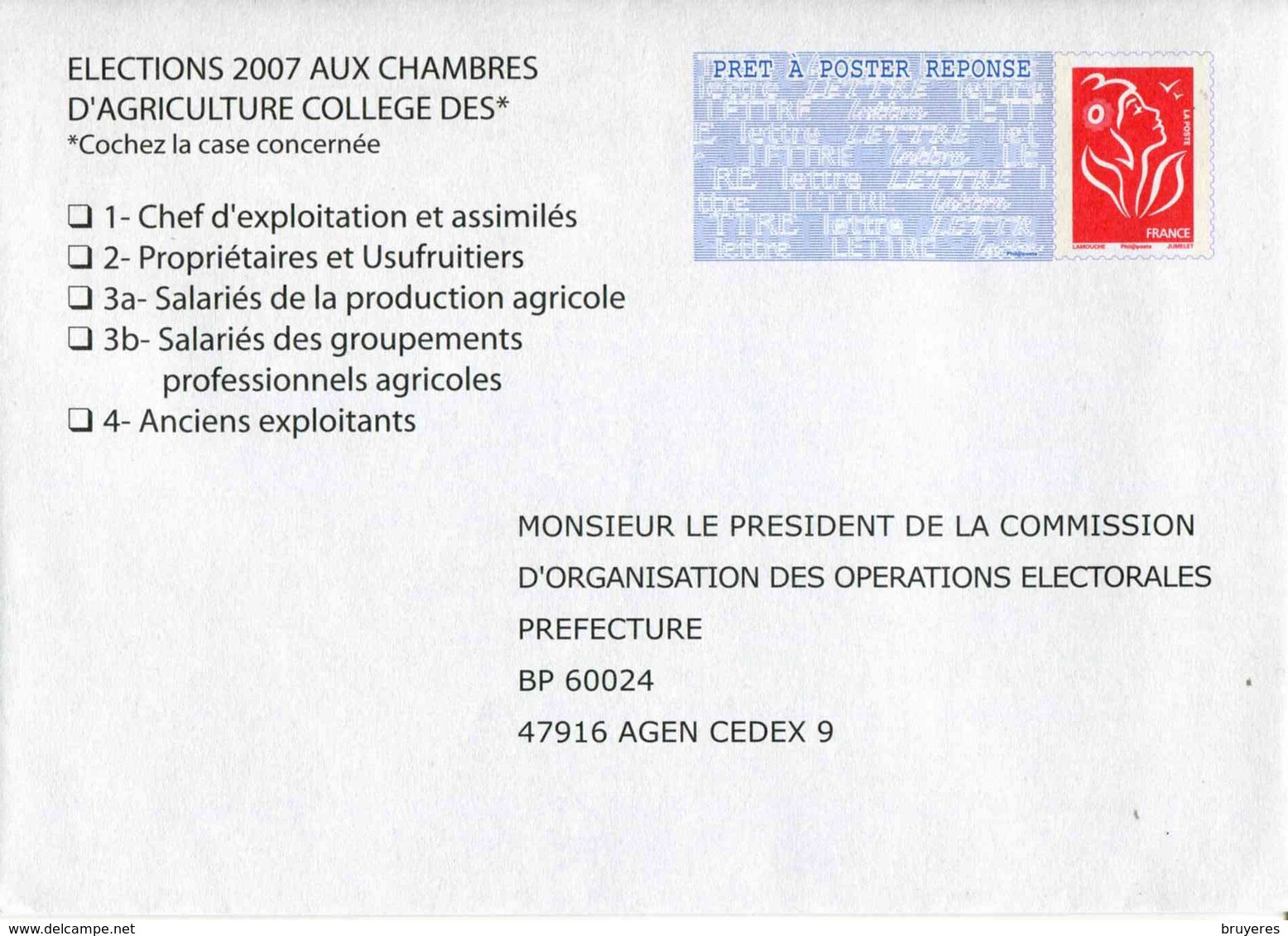 PAPREPONSE TSC "ELECTIONS 2007 CHAMBRES D'AGRICULTURE" Avec Timbre "Marianne De Lamouche/Phil@poste" - Prêts-à-poster: Réponse /Lamouche