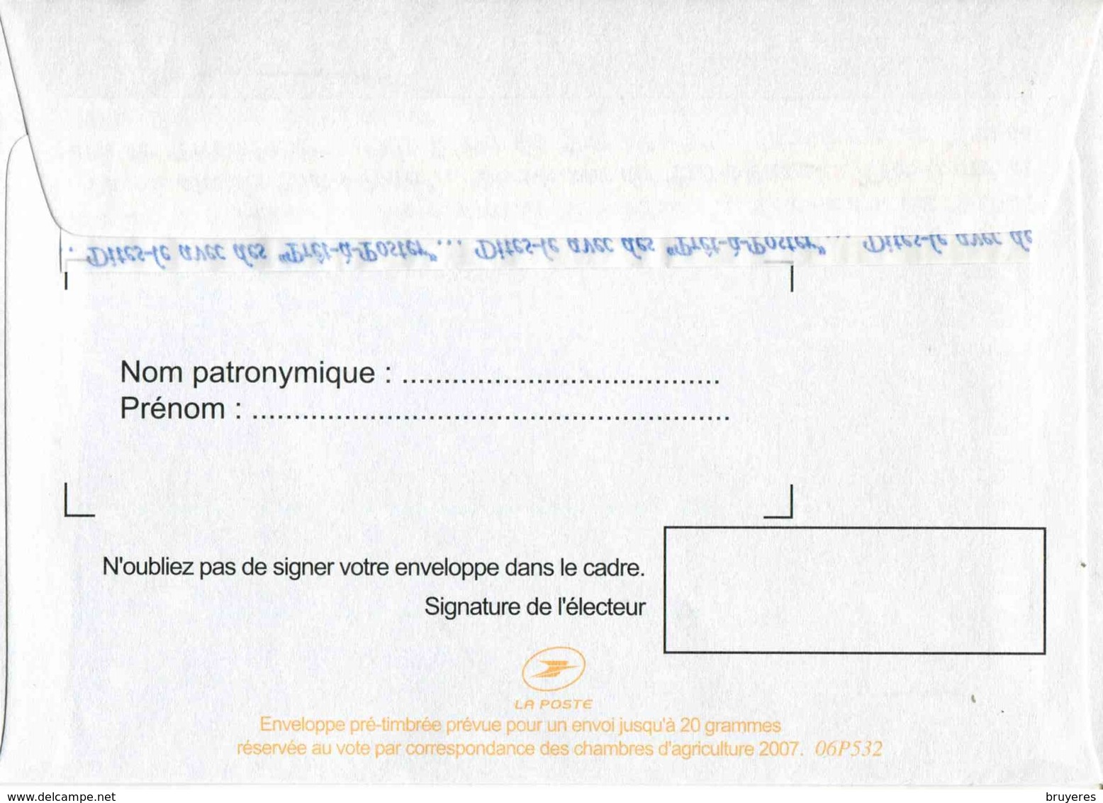 PAPREPONSE TSC "ELECTIONS 2007 CHAMBRES D'AGRICULTURE" Avec Timbre "Marianne De Lamouche/Phil@poste" - PAP: Ristampa/Lamouche