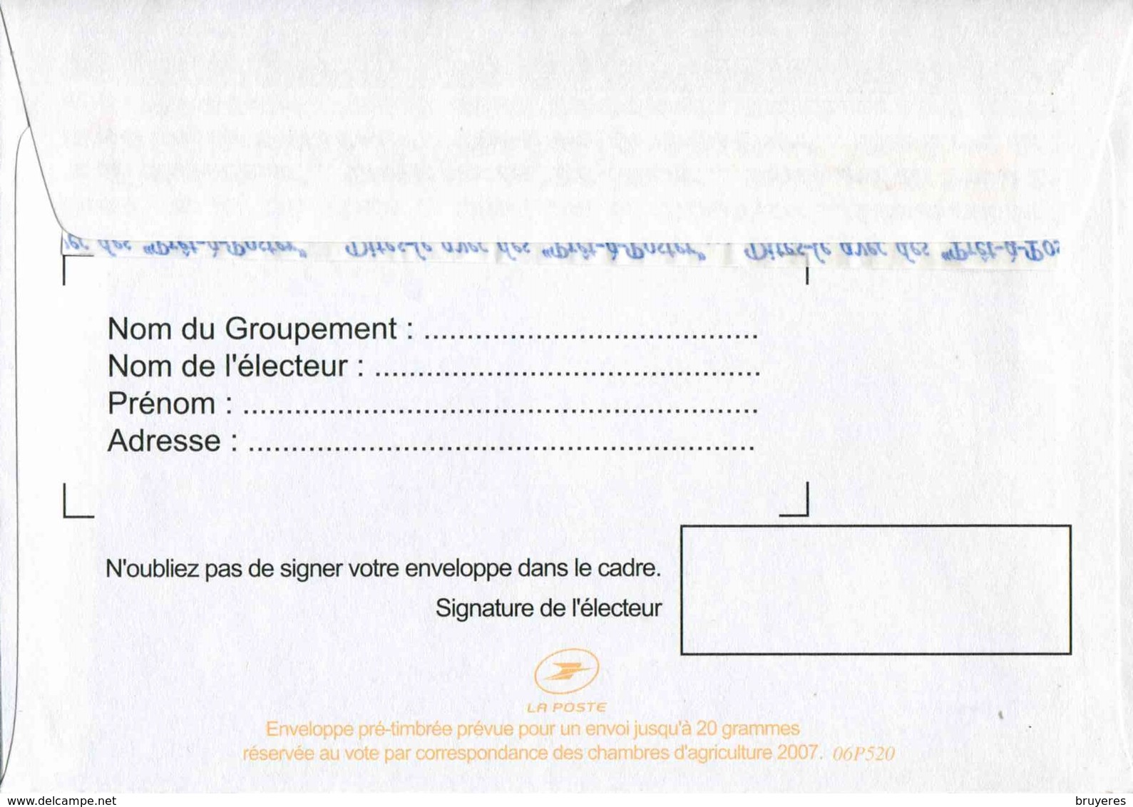 PAPREPONSE TSC "ELECTIONS 2007 CHAMBRES D'AGRICULTURE" Avec Timbre "Marianne De Lamouche/Phil@poste" - Prêts-à-poster: Réponse /Lamouche