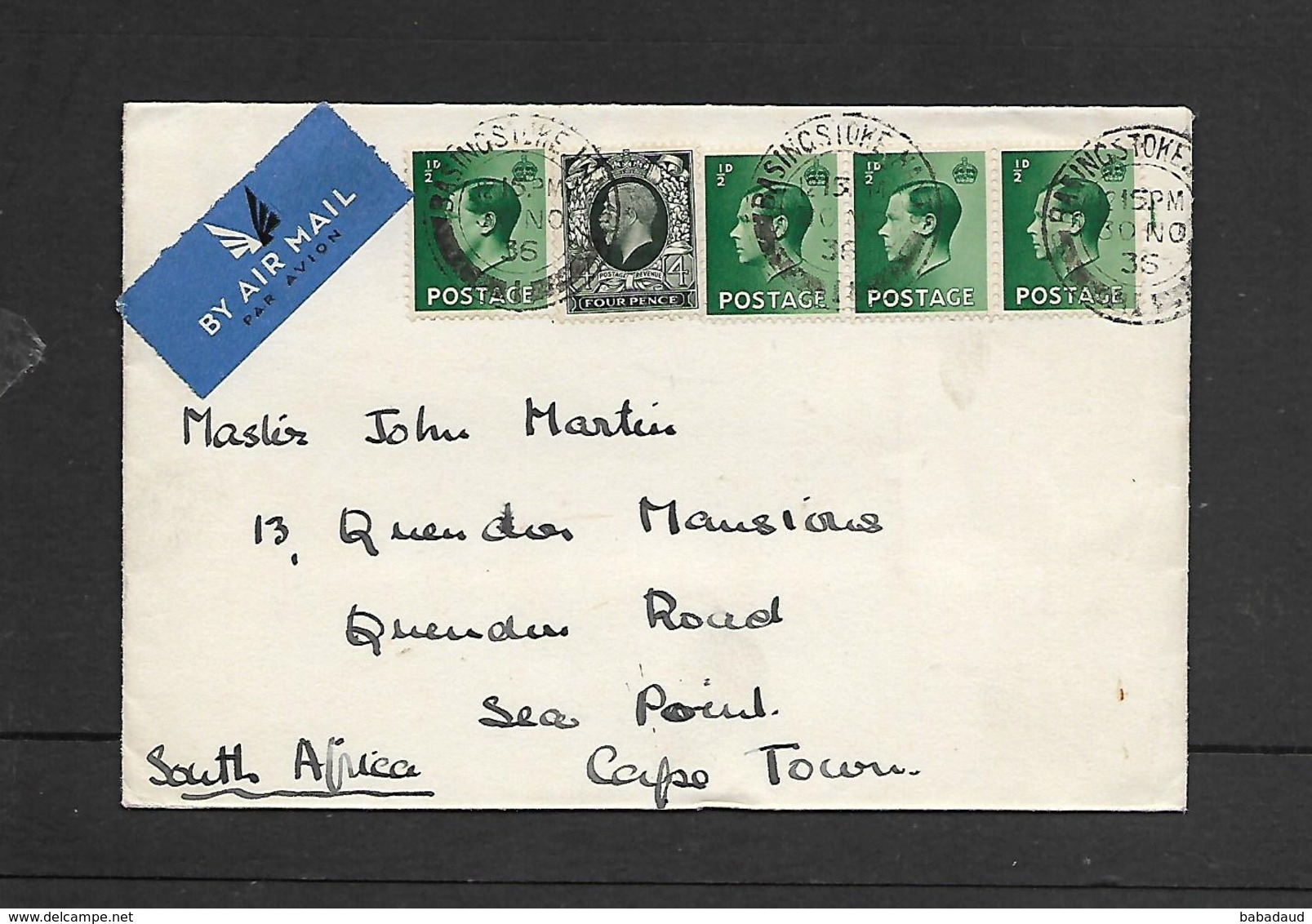 Greta Britain, BASINGSTOKE HANTS 30 NO 36 > S.Africa., 6d Rate (GVR 4d, EVIIR 4x 1/2d) - Covers & Documents