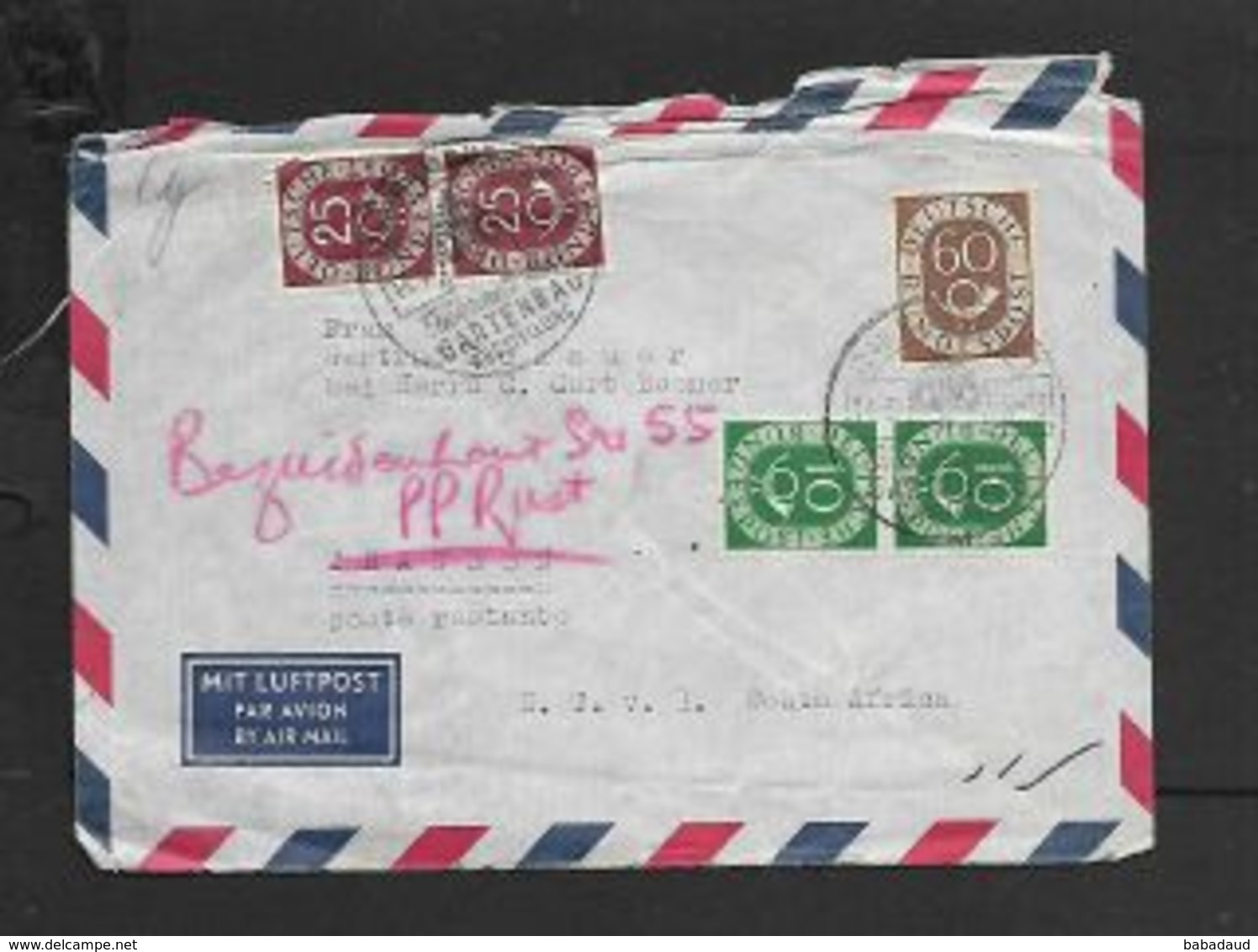 Germany Federal Republic, 1Mk30, Airmail Special C.d.s. GARTENBLAU 14.3.53 . > TZANEEN S.Africa - Covers & Documents