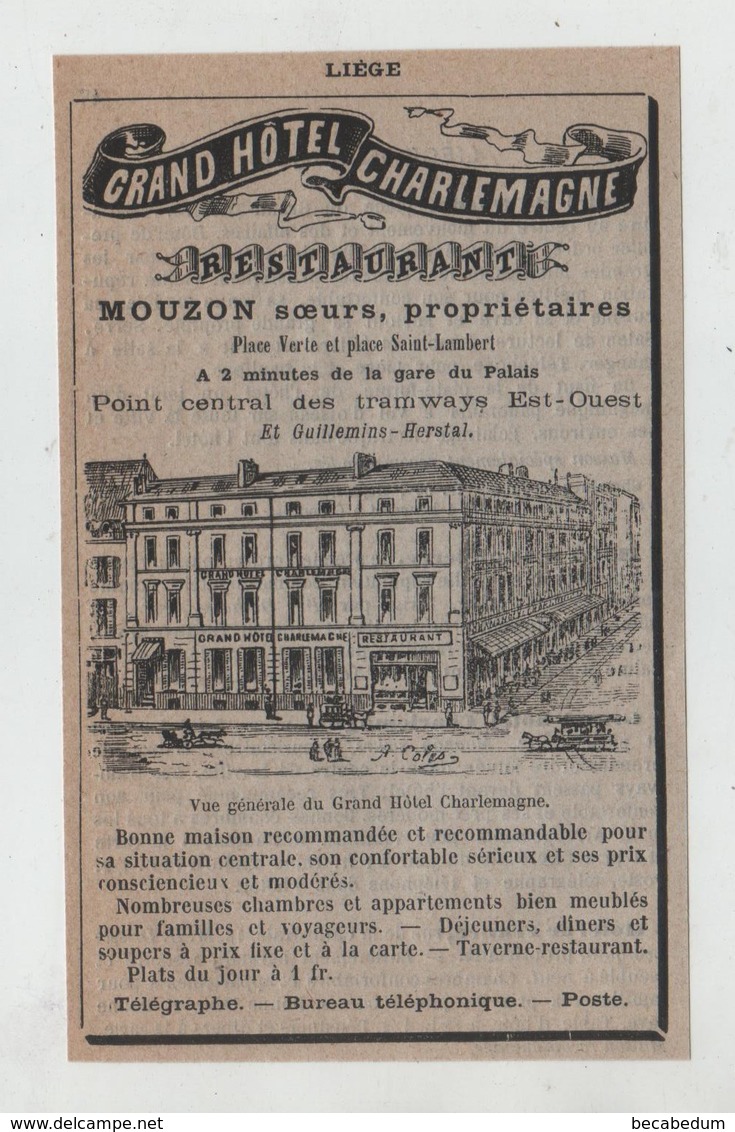 Liège Grand Hôtel Charlemagne Mouzon 1895 - Publicités