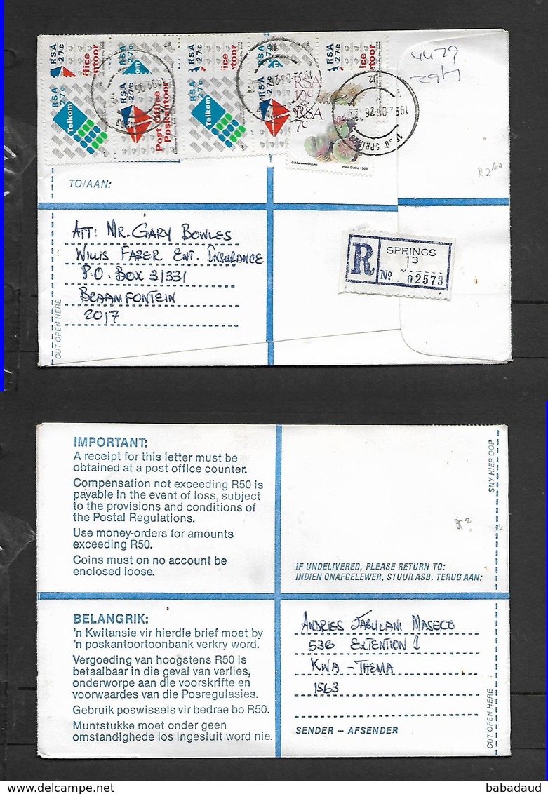 S.Africa 1992 , Registered Cover, R2.60, SPRINGS 1992  06  26 C.d.s . Braamfontein - Covers & Documents