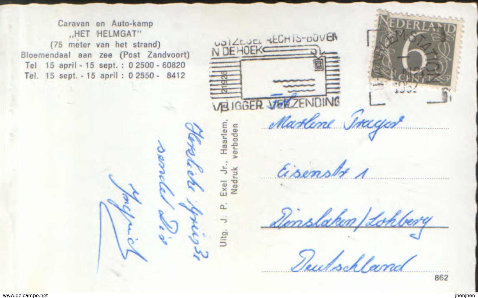 Nederland - Postcard Circulated In 1962 - Bloemendaal Aan Zee -  Camping "Het Helmgat"  - 2/scans - Bloemendaal