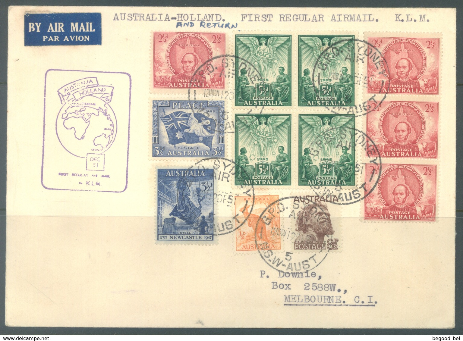 AUSTRALIA - DEC 1951 - FDC - FIRST DAY OF ISSUE AUSTRALIA HOLLAND AND RETURN KLM - Lot 17395 - Premiers Vols