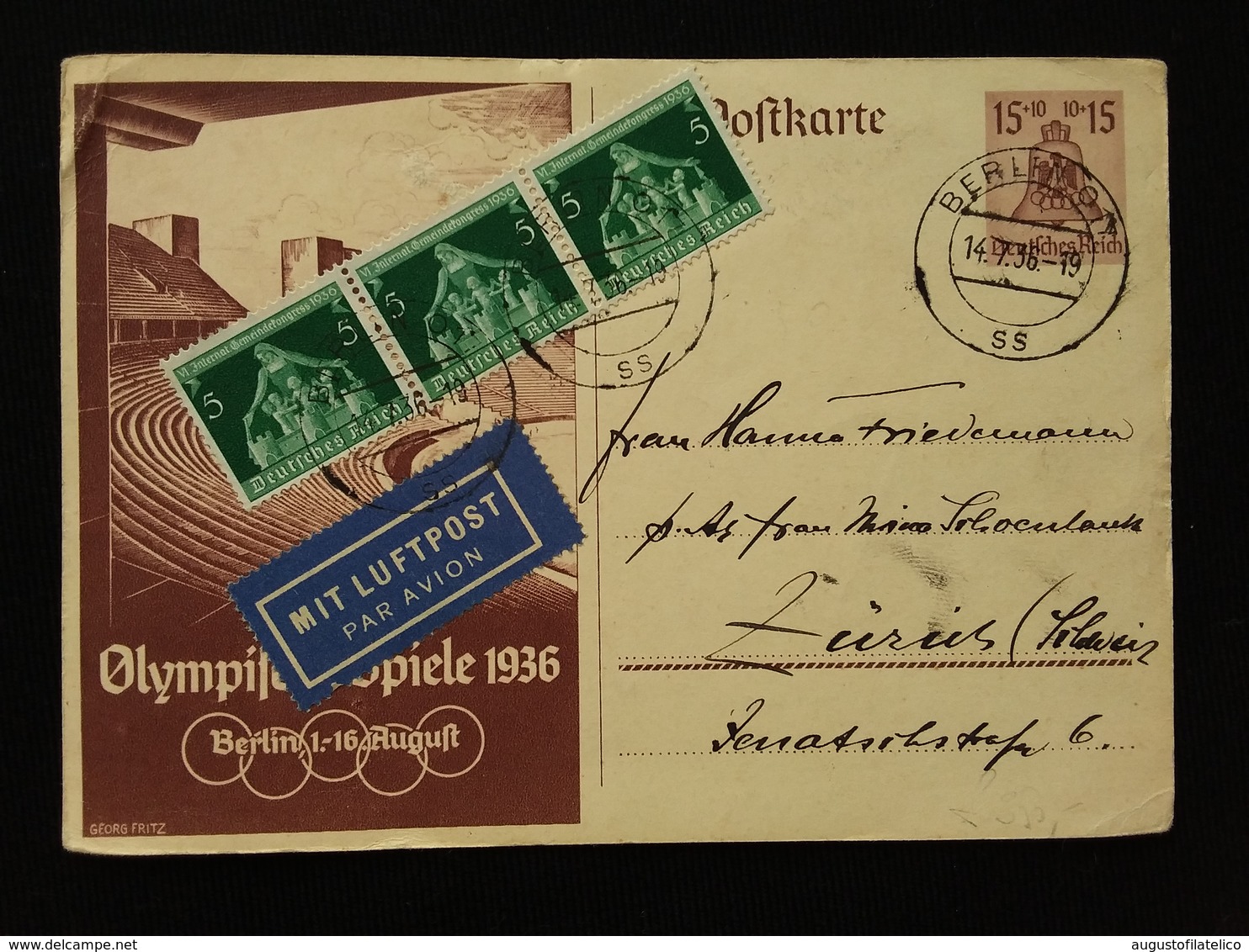 GERMANIA III REICH - Cartolina Postale Commemorativa 1936 Viaggiata - Con Francobolli Aggiunti + Spese Postali - Storia Postale