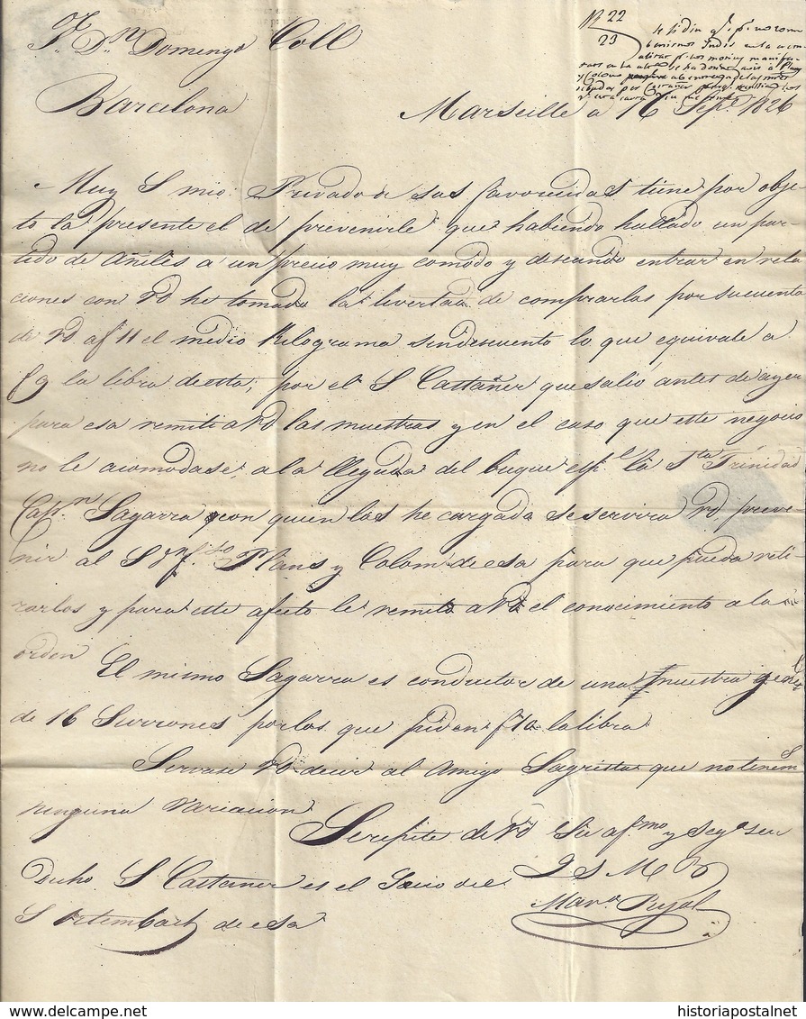 1826. MARSELLA A BARCELONA. MARCA "P.12.P./MARSEILLE" NEGRO. 4R REALES ROJO. 6 DÉCIMAS SATISFECHAS. CARTA DESINFECTADA. - 1801-1848: Precursores XIX