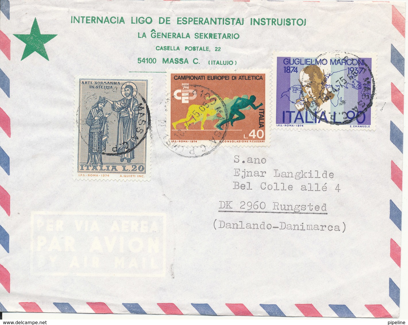 Italy Air Mail Cover Sent To Denmark Massa C. 10-4-1975 ESPERANTO Cover - Esperanto